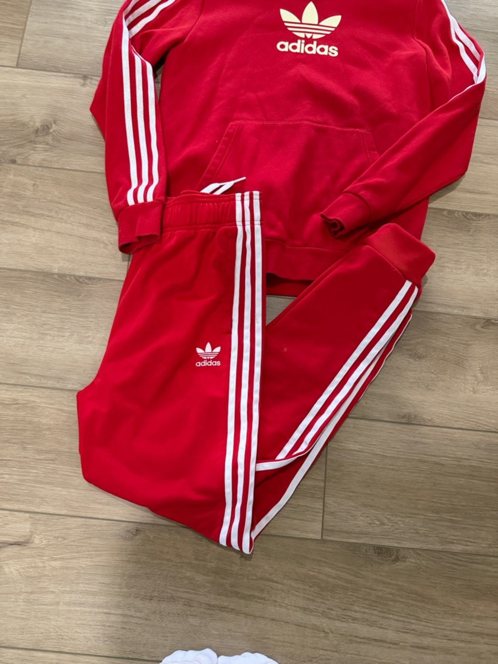 adidas Red Hoodie and Three-Stripe Track Pants Set with glitter accent XLarge - Picture 2 of 8